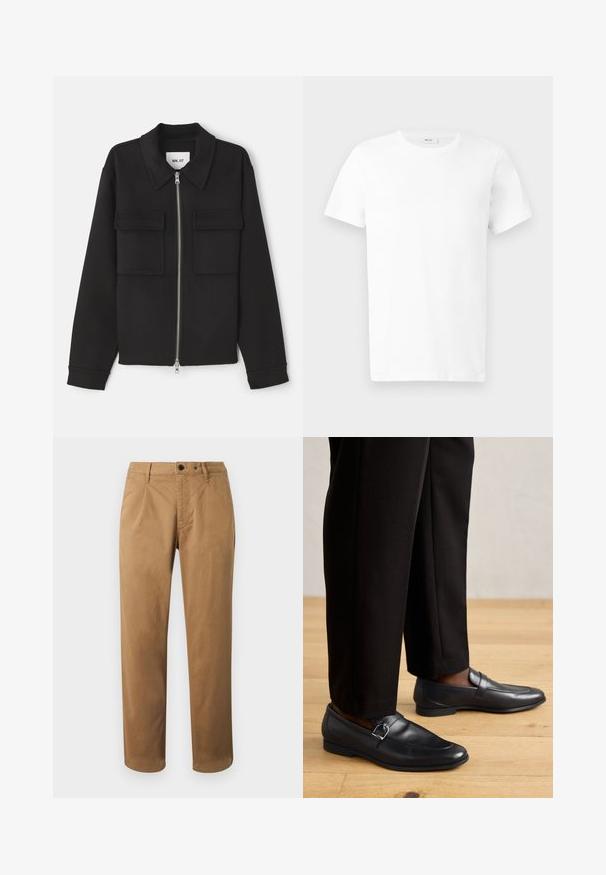 NN.07 ALBAN - Lichte jas - black; Effen wit katoenen T-shirt met korte mouwen en ronde hals, plat neergelegd op een lichtgrijze achtergrond.; Bruine chino's met een rechte pijp, voorplooien, twee voorzakken en één achterzak. Gemaakt van een gladde katoenmix.; Zwarte leren instappers met een gladde textuur, voorzien van een decoratieve gesp, gecombineerd met op maat gemaakte zwarte broek op een houten vloer.