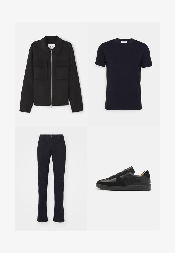NN.07 ALBAN - Lichte jas - black; Zwart T-shirt met korte mouwen en ronde hals, met een klein wit label aan de binnenkant van de halslijn.; Zwarte katoenbroeken met een recht model, voorzien van een knoopsluiting, twee voorzakken en een gladde textuur. Geen patronen of accenten.; Tiger of Sweden BELLICU - Sneakers laag - black