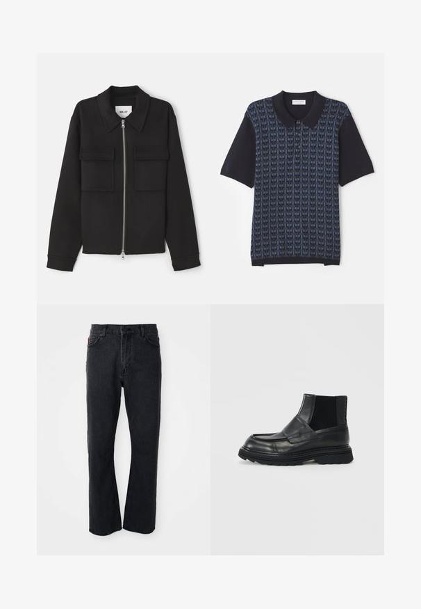 NN.07 ALBAN - Let jakke / Sommerjakker - black; Marineblå polo skjorte med et geometrisk mønster i varierende nuancer af blå, korte ærmer og en klassisk krave med knaplukning.; Sorte denim jeans med lige ben-design, høj talje, knaplukning og subtile syninger langs lommerne og sømmene.; Sort læder ankelstøvle med chunky sål og elastiske sidelommer, der har et moc toe-design og en støtte pull-tab bagpå.