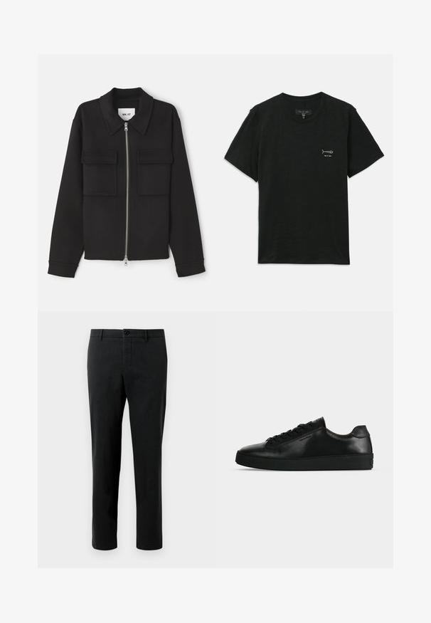 NN.07 ALBAN - Let jakke / Sommerjakker - black; Sort kortærmet t-shirt lavet af blødt stof, med et lille hvidt fiske- og rygsøjlemønster på venstre bryst. Rund halsudskæring, afslappet pasform.; Sorte bukser lavet af stof med en glat tekstur, med klassisk pasform, knaplukning og sidelommer. Ingen mønstre eller detaljer.; Sort lavtop lædersneaker med sorte snørebånd og en tyk sort sål, vist fra siden på en lysegrå baggrund.