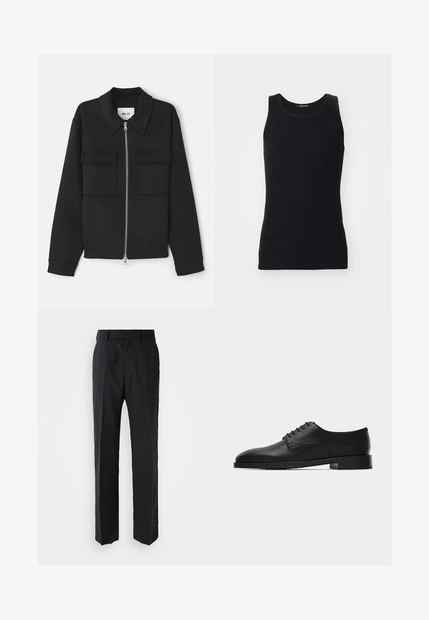 NN.07 ALBAN - Leichte Jacke - black; Schwarzes Tanktop aus einem glatten, dehnbaren Material. Verfügt über einen runden Halsausschnitt und keine Ärmel, mit einer engen Passform und einfachem Design.; Schwarze Hosen mit geradem Bein, hergestellt aus glattem Stoff. Verfügt über einen flachen Bund und keine sichtbaren Muster oder Verzierungen.; Schwarzer Herrenschuh aus Leder im Oxford-Stil mit geschlossener Schnürung und niedrigem, gestapeltem Absatz, seitlich auf weißem Hintergrund dargestellt.