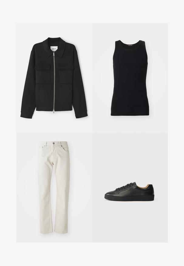 NN.07 ALBAN - Leichte Jacke - black; Schwarzes Tanktop aus einem glatten, dehnbaren Material. Verfügt über einen runden Halsausschnitt und keine Ärmel, mit einer engen Passform und einfachem Design.; Helle beige Jeans aus Baumwolle mit geradem Bein, fünf Taschen und silbernem Metallknopfverschluss.; Schwarze, niedrig geschnittene Ledersneaker mit strukturierter Oberfläche, schwarzen Schnürsenkeln und dicker Gummisohle, seitlich auf einem hellen Hintergrund dargestellt.