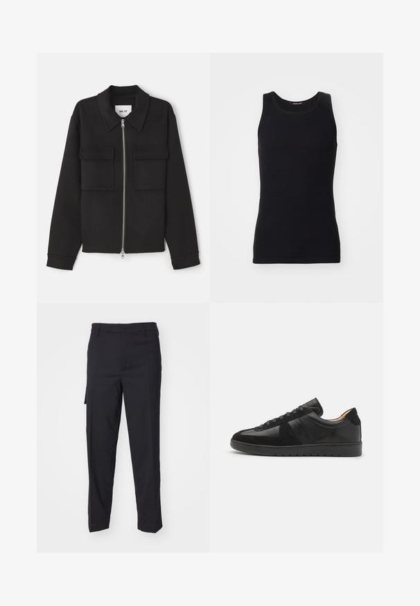NN.07 ALBAN - Let jakke / Sommerjakker - black; Sort tanktop lavet af et glat, strækbart materiale. Har en rund halsudskæring og ingen ærmer, med en tætsiddende pasform og enkelt design.; Sorte bukser lavet af et glat, vævet stof. Har en lige pasform, slim fit, bæltestropper og en sidelomme.; Tiger of Sweden BELLICU - Sneakers - black