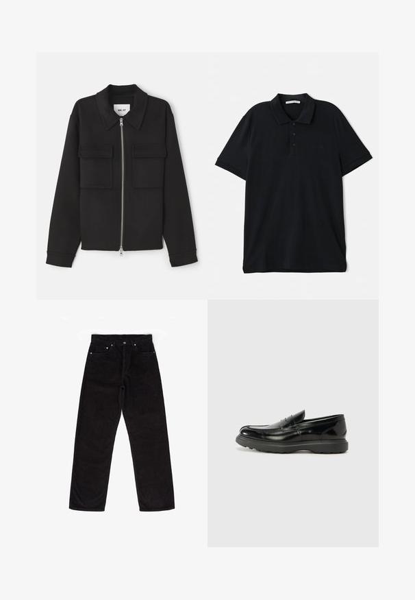 NN.07 ALBAN - Let jakke / Sommerjakker - black; Sort polo shirt lavet af bomuld, med en klassisk krave, tre-knaps lukning, korte ærmer og en diskret logo detaljer på forsiden.; Sorte fløjl bukser med lige ben, der har fem lommer, en knaplukning og subtile lodrette ribber i stoffet.; Sort læderloafer med en blank finish, rund tå, subtile syninger og en tyk gummisål for holdbarhed.