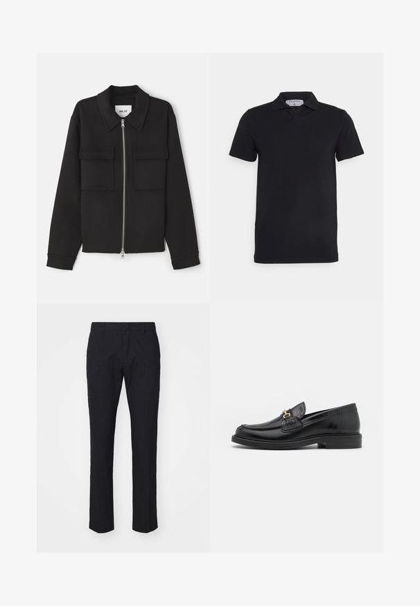 NN.07 ALBAN - Let jakke / Sommerjakker - black; Sort kortærmet polo-shirt med klassisk krave, lavet af glat stof. Har et mærke med brandnavnet 'Filippa K' ved halsudskæringen.; Marinebukser i skræddersyet snit, lavet af glat stof. Har flad front, bæltestropper og lige ben med en ren kant.; Sorte læder loafers med en rund tå, der har guld hardware accent og syningsdetaljer, placeret på en lav, tekstureret gummisål.