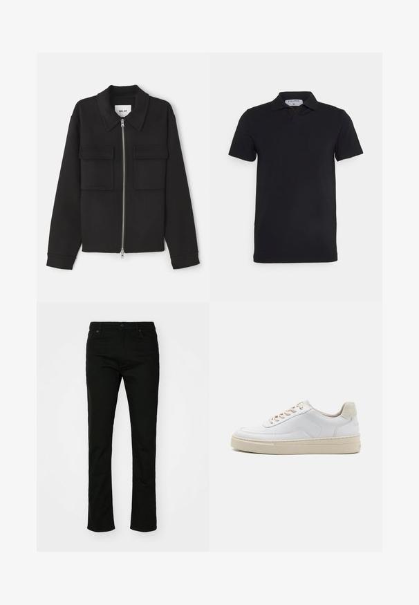 NN.07 ALBAN - Leichte Jacke - black; Schwarzes kurzärmliges Polohemd mit klassischem Kragen, aus glattem Material. Verfügt über ein Etikett mit dem Markennamen 'Filippa K' am Kragen.; Schwarze Denim-Jeans mit geradem Bein, fünf Taschen und Druckknopfverschluss. Glatte Textur mit dezenten Nähten.; Weiße Sneaker mit einem glatten Lederobermaterial, beigen Schnürsenkeln und einer strukturierten, beigen Wildleder-Fersenschlaufe. Erhöhte Sohle für zusätzlichen Komfort.