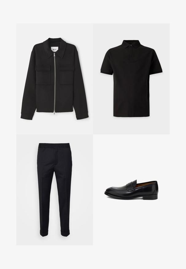 NN.07 ALBAN - Let jakke / Sommerjakker - black; Sort kortærmet polo skjorte med krave og enkeltknapslukning, vist på en ensfarvet lys grå baggrund.; Sorte bukser lavet af letvægtsstof, med elastisk talje, sidelommer og oprevne kant. Glat tekstur med frontvendinger.; Sort læderloafers med glat finish, rundet tå, dekorative syninger og lav stakket hæl. Klassisk slip-on design.