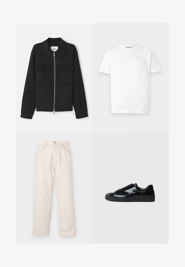 NN.07 ALBAN - Let jakke / Sommerjakker - black; Hvid bomulds T-shirt med rund hals og korte ærmer. Har et lille, præget logo på venstre bryst. Glat tekstur.; Beige lige jeans i denim med knaplukning, fem lommer og synlige syninger. Glat tekstur.; Sorte laklæder sneakers med rund tå, snørredesign, tekstureret gummisål og en glat overflade.