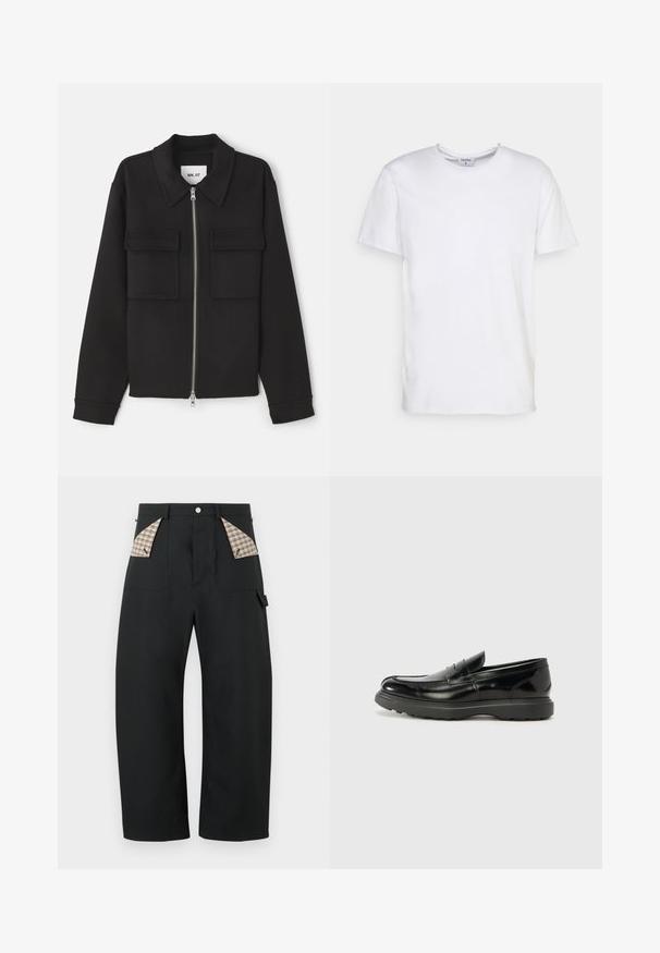 NN.07 ALBAN - Chaqueta fina - black; Camiseta blanca de manga corta hecha de algodón. Presenta un escote redondo y un corte holgado, sin patrones ni acentos visibles.; Pantalones negros de pierna ancha con cintura alta, bolsillos delanteros forrados con tela de cuadros beige, cierre con botón y pequeño detalle de lazo en el lado derecho.; Mocasín de cuero negro con un acabado brillante, punta redondeada, detalles de costura sutiles y una suela de goma gruesa para mayor durabilidad.