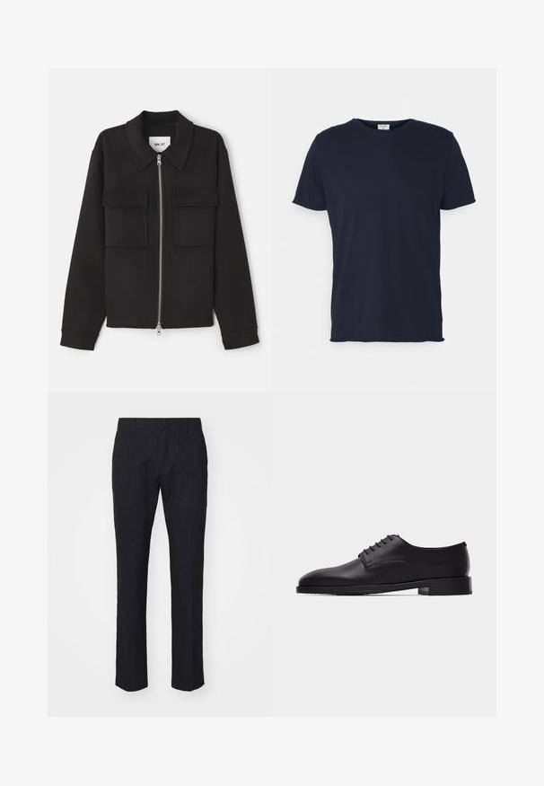 NN.07 ALBAN - Lichte jas - black; Navyblauwe katoenen t-shirt met ronde hals en korte mouwen, met een gladde textuur en eenvoudig ontwerp, zonder zichtbare patronen of accenten.; Marineblauwe broek in een tailored snit, gemaakt van soepel materiaal. Bevat een vlakke voorkant, riemlussen en rechte pijpen met een schone zoom.; Zwarte leren Oxford herenschoen met gesloten veters en lage gestapelde hak, zijaanzicht op een witte achtergrond.