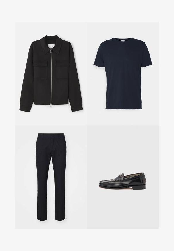 NN.07 ALBAN - Chaqueta fina - black; Camiseta de algodón azul marino con cuello redondo y mangas cortas, de textura suave y diseño simple, sin patrones ni acentos visibles.; Pantalones navy con un corte entallado, hechos de una tela suave. Cuentan con un frente plano, trabillas para un cinturón y piernas rectas con un dobladillo limpio.; Mocasines de cuero negro con diseño estilo mocasín, con una banda decorativa y detalles de costura en la parte superior. Tacón bajo y cuadrado.