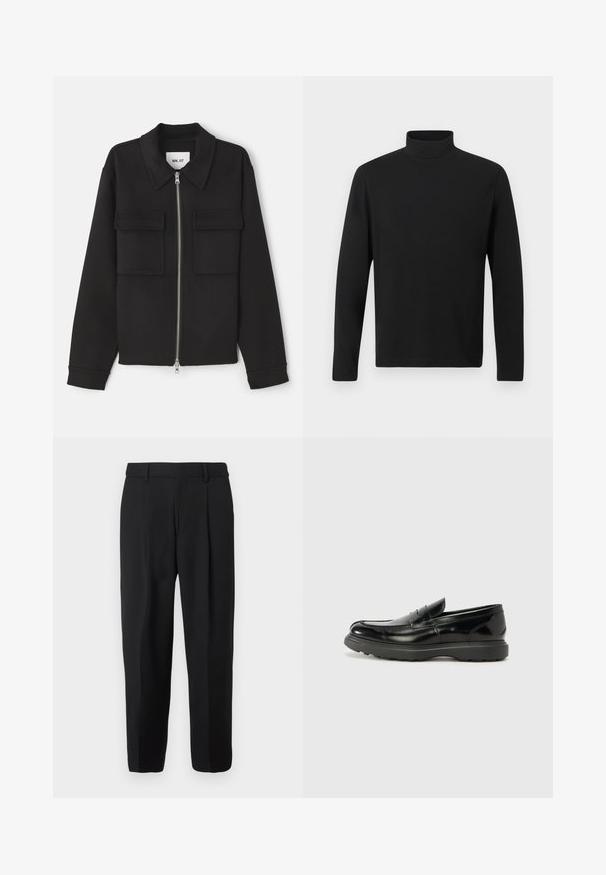 NN.07 ALBAN - Leichte Jacke - black; Schwarzes Rollkragenhemd aus glattem Stoff. Hat lange Ärmel und einen hohen Kragen. Einfaches Design ohne zusätzliche Muster oder Akzente.; Schwarze Hose mit geradem Bein, gefertigt aus gewebtem Stoff, mit glattem Vorderteil, Gürtelschlaufen und zwei Seitentaschen.; Schwarze Lederloafer mit glanzendem Finish, abgerundetem Zehenbereich, subtilen Steppnähten und einer dicken Gummisohle für Langlebigkeit.