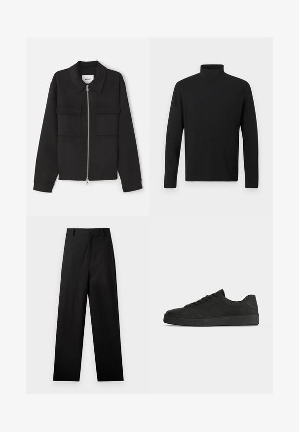 NN.07 ALBAN - Let jakke / Sommerjakker - black; Sort turtleneck skjorte lavet af glat stof. Har lange ærmer og en høj krave. Enkel design uden yderligere mønstre eller accenter.; Sorte bukser lavet af bomuld med lige ben-design, der har en frontknaplukning og sidelommer. Glat tekstur, ingen mønstre.; Sort lavtop sneaker med snøredesign og tyk sål vist fra siden på en ensfarvet lys baggrund.