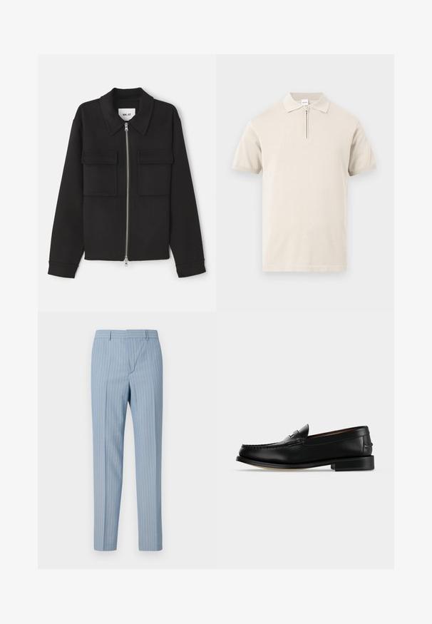 NN.07 ALBAN - Let jakke / Sommerjakker - black; Beige kortærmet polo med opklappet krave og kort lynlås foran på ensfarvet baggrund.; Lyseblå stribede bukser med slim fit, der har verticale striber i hvid. Fremstillet af et glat materiale med en skræddersyet design.; Sort læder herre loafer med lav hæl og mokkasinsyning på tåen, vist fra siden på en ensfarvet baggrund.