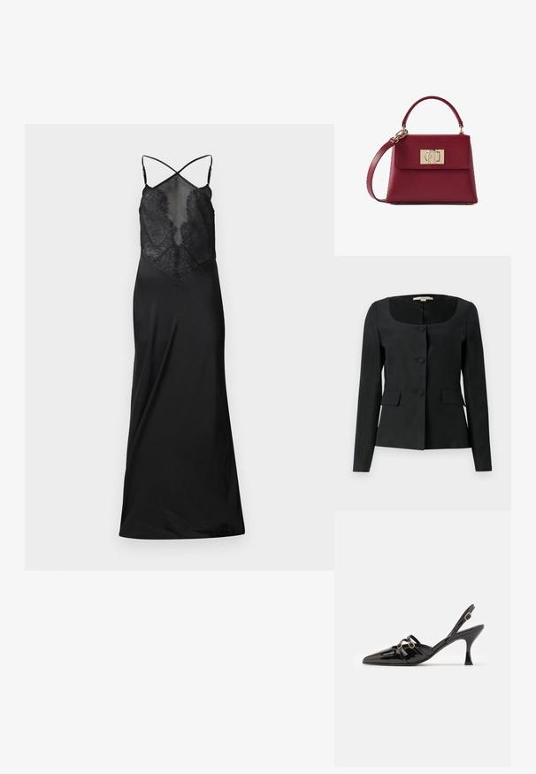 Veste noire taillée avec un col arrondi, des manches longues, trois boutons à l'avant et deux poches à rabat. Texture lisse, coupe structurée.; Robe en satin noir avec un corsage en dentelle transparente, comportant des bretelles croisées et une silhouette fluide, conçue pour une coupe ajustée.; ALOHAS JOELLE ONIX - Escarpins - black; Sac à main en cuir bordeaux avec poignée supérieure incurvée, bandoulière amovible et fermoir rectangulaire doré sur le rabat avant.