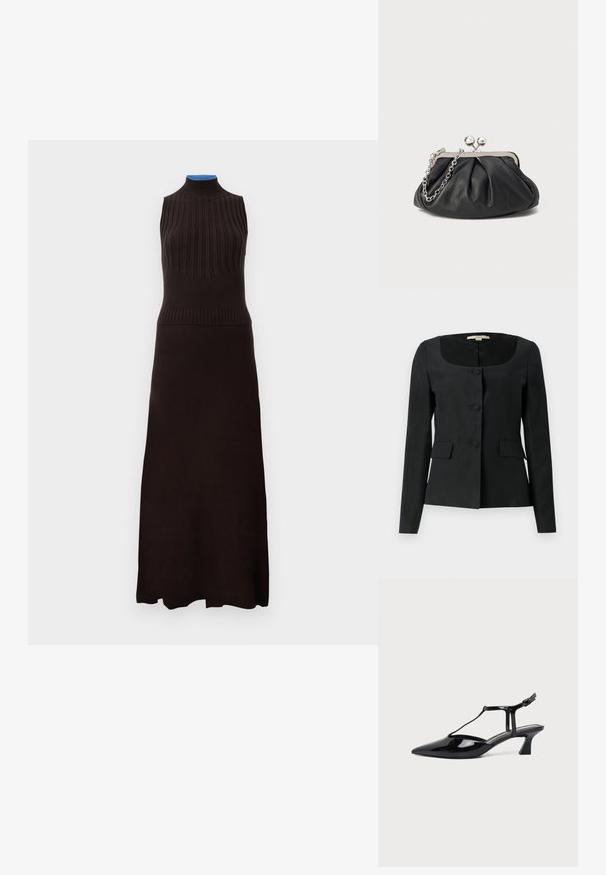 Veste noire taillée avec un col arrondi, des manches longues, trois boutons à l'avant et deux poches à rabat. Texture lisse, coupe structurée.; Robe sans manches en tricot brun foncé avec un haut côtelé et un corsage ajusté, se déversant dans une longue jupe lisse pour une silhouette élancée.; Chaussure slingback en cuir verni noir à bout pointu avec bride en T et petit talon bloc incliné sur fond blanc.; Porte-monnaie en cuir noir avec texture froncée, cadre en métal argenté, fermeture à verrouillage kiss-lock et bandoulière en chaîne. Surface lisse et douce.