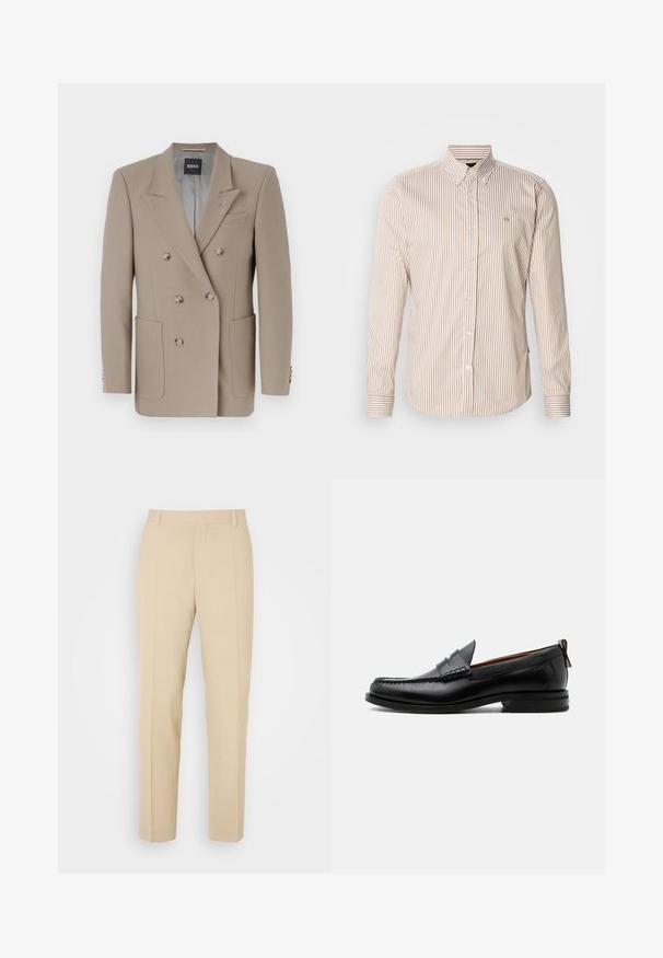 Blazer beige à double boutonnage avec deux grandes poches avant, revers aigus et boutons argentés. Présente une texture unie et une coupe ajustée.; Chemise à boutons rayée beige et marron clair. Manches longues, col classique, boutons sur le devant, et petit logo sur la poitrine. Tissu en coton.; Pantalons beige ajustés avec une coupe droite, fabriqués en tissu léger, dotés de deux poches avant et de plis bien repassés.; Mocassin homme en cuir noir avec couture moc toe, bride penny, col texturé et petit talon empilé sur fond blanc.