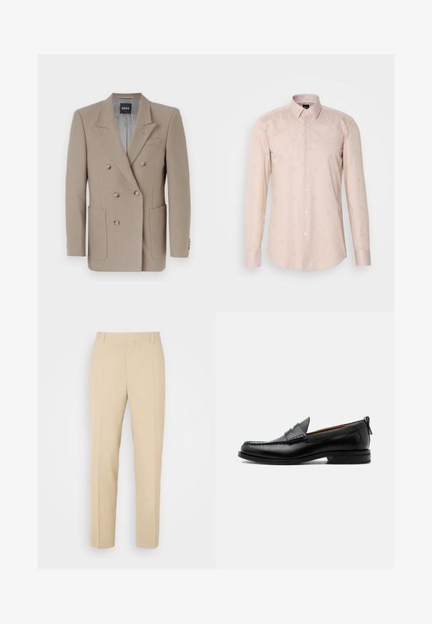 Blazer beige à double boutonnage avec deux grandes poches avant, revers aigus et boutons argentés. Présente une texture unie et une coupe ajustée.; Chemise à manches longues rose clair avec un col à boutons, un motif rayé subtil et des motifs circulaires brodés.; Pantalons beige ajustés avec une coupe droite, fabriqués en tissu léger, dotés de deux poches avant et de plis bien repassés.; Mocassin homme en cuir noir avec couture moc toe, bride penny, col texturé et petit talon empilé sur fond blanc.