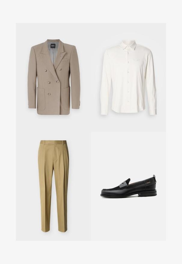 Blazer beige à double boutonnage avec deux grandes poches avant, revers aigus et boutons argentés. Présente une texture unie et une coupe ajustée.; Chemise blanche à manches longues en tissu doux, dotée d'un col à boutons et d'un logo brodé sur la poitrine. Texture lisse, design classique.; Pantalon beige ajusté avec passants de ceinture et pli frontal, présenté sur un fond clair uni.; Mocassin en cuir noir avec détail de bride grise, talon bas et semelle texturée, marqué "HUGO" en or sur le côté.