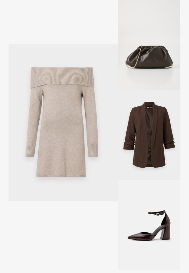 Dunkelbrauner taillierter Blazer mit Schalkragen, Dreiviertelärmeln und einem glatten Satinfutter, ausgestattet mit einem minimalistischen Design.; Beige schulterfreier Pullover, gestrickte Textur, lange Ärmel, gerippter Kragen und Bündchen, mittellange Länge bis zur Oberschenkelmitte, glatter Stoffausbau.; Dunkelbrauner Leder-Pumps mit spitzer Kappe, hohem Absatz, Knöchelriemen und silberner Schnalle auf weißem Hintergrund.; Braune Lederhandtasche mit gerafftem Design, goldenen Kettenriemen und weicher, strukturierter Oberfläche. Kompakte Form, die sich für den abendlichen Gebrauch eignet.