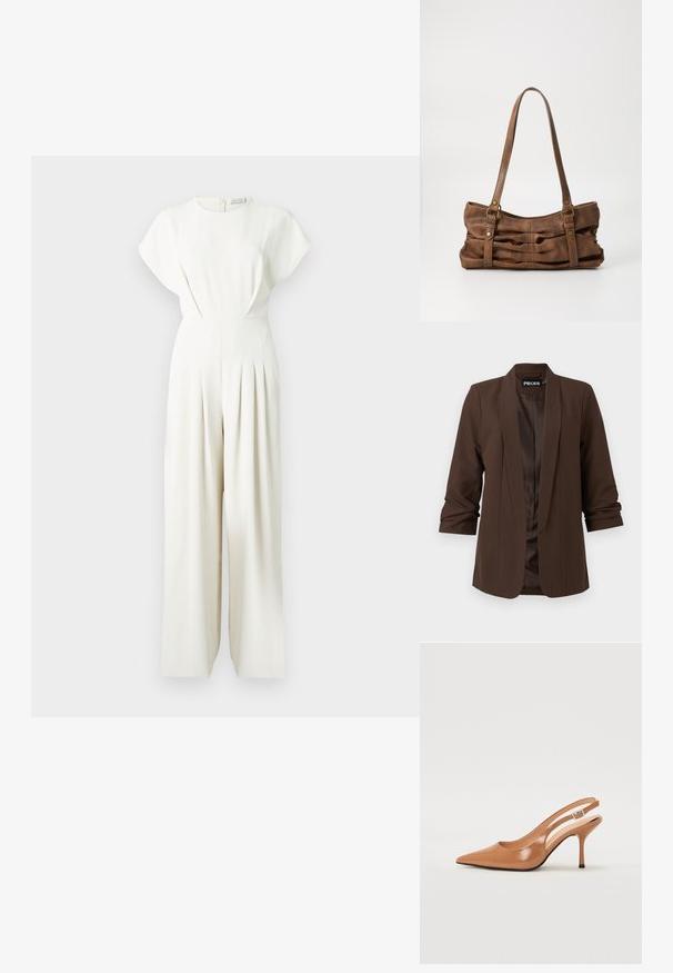 Mørkebrun skræddersyet blazer med sjalskrave, trekvartærmer og en glat satinforing, der har et minimalistisk design.; Hvid jumpsuit med kasketærmer, rund halsudskæring, folder foran og lynlås bagpå. Fremstillet af et glat, tekstureret stof.; Spids tå slingback hæl i et glat, blankt tan materiale. Har et buet udskæring design og en slank stiletto hæl. Sølv spænde detalje.; Even&Odd by Zalando Håndtasker - brown
