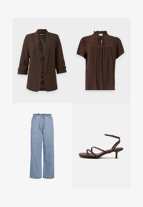 Blazer ajusté marron foncé avec un col châle, des manches trois-quarts et une doublure satin lisse, affichant un design minimaliste.; Blouse marron à manches courtes en tissu texturé, empiècement froncé, col volanté et fermeture à nouer devant.; Pantalon en denim bleu clair à jambes larges avec une taille haute élastique et une ceinture assortie en tissu nouée à l'avant.; Sandale marron à talons hauts avec fines lanières croisées et bride de cheville avec boucle argentée sur fond blanc.