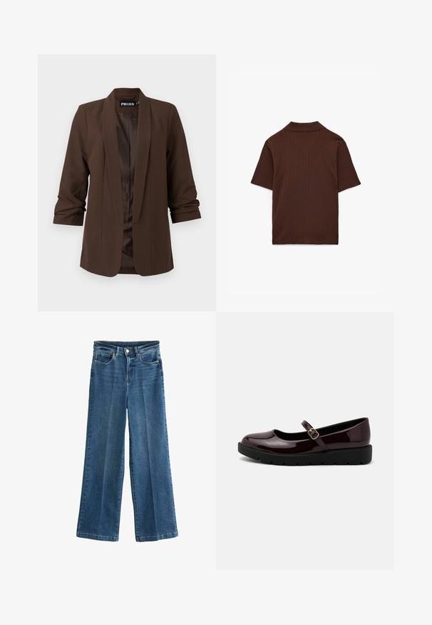 Mørkebrun skræddersyet blazer med sjalskrave, trekvartærmer og en glat satinforing, der har et minimalistisk design.; Brun ribbet kortærmet polo skjorte med klassisk krave og en tætsiddende pasform. Blød tekstur med en glat finish og minimale syninger.; Bredde ben blå denim jeans med høj talje, fem lommer og knaplukning foran. Stoffet har en glat tekstur med en slidt finish.; Glinsende burgunderfarvede Mary Jane-sko med en rund tå, justerbar spænde rem og en sort, tekstureret platformsål.