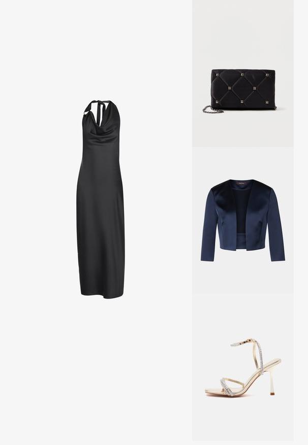Veste courte bleu marine en satin lisse avec des manches trois-quarts et un design à ouverture frontale. Sans fermetures ni embellissements.; Robe longue en satin noir à col licou avec encolure drapée et fermeture nouée dans le dos.; Sandale dorée à talons hauts avec de fines lanières ornées de petits strass transparents et une bride à boucle à la cheville.; Clutch en satin matelassé noir avec des clous en pyramide argentés, chaîne, forme rectangulaire et texture lisse. Dimensions de 10 cm x 18 cm x 4 cm.