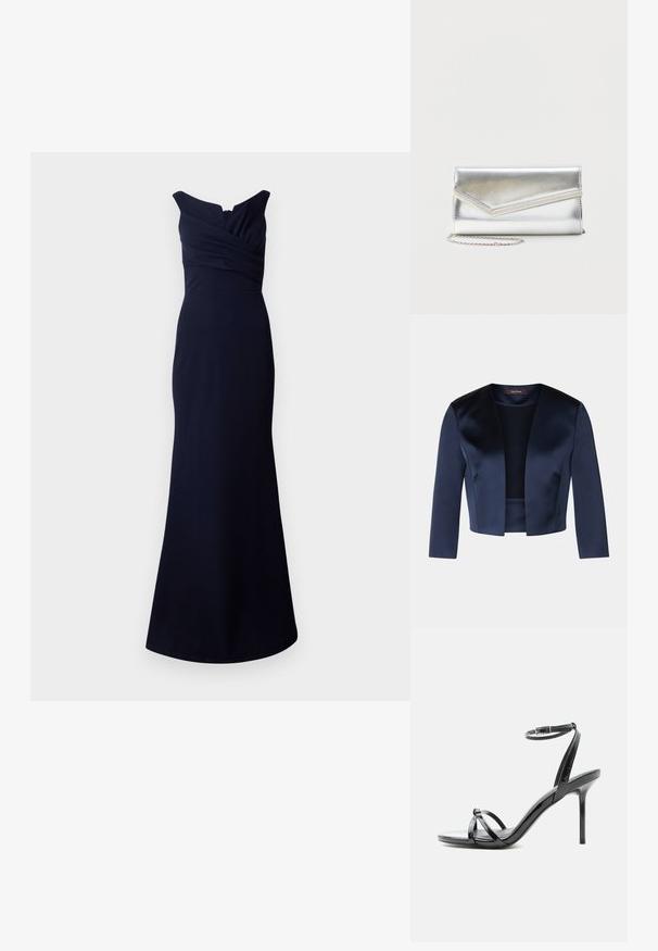 Veste courte bleu marine en satin lisse avec des manches trois-quarts et un design à ouverture frontale. Sans fermetures ni embellissements.; Robe bleu marine longueur sol avec un corsage ajusté et un décolleté en V. Le tissu est lisse avec des détails froncés au niveau de la poitrine.; Sandale à talon haut en cuir verni noir avec de fines lanières croisées sur les orteils et une sangle à boucle à la cheville sur fond blanc.; Pochette argentée brillante avec rabat style enveloppe et garniture décorative, petite bandoulière chaîne argentée, sur fond clair uni.