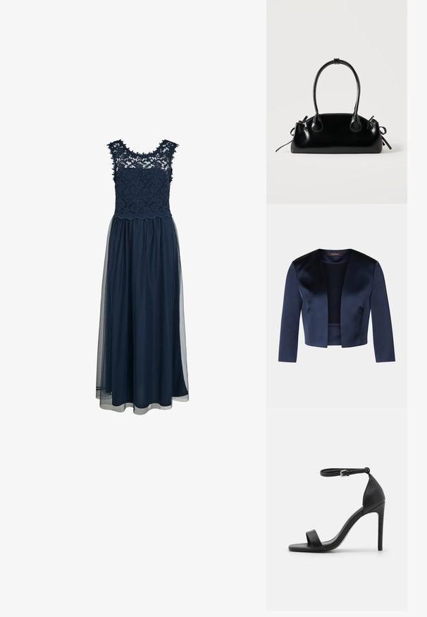 Veste courte bleu marine en satin lisse avec des manches trois-quarts et un design à ouverture frontale. Sans fermetures ni embellissements.; Robe sans manches bleu marine avec corsage en dentelle florale, bords festonnés et superposition d'une jupe fluide et transparente jusqu'à la cheville.; Sandale noire à talons hauts au design épuré, avec une bride au niveau de la cheville, un bout ouvert et une texture en cuir lisse.; Petit sac à main noir brillant avec deux longues anses et des détails à cordon sur les côtés sur un fond clair uni.