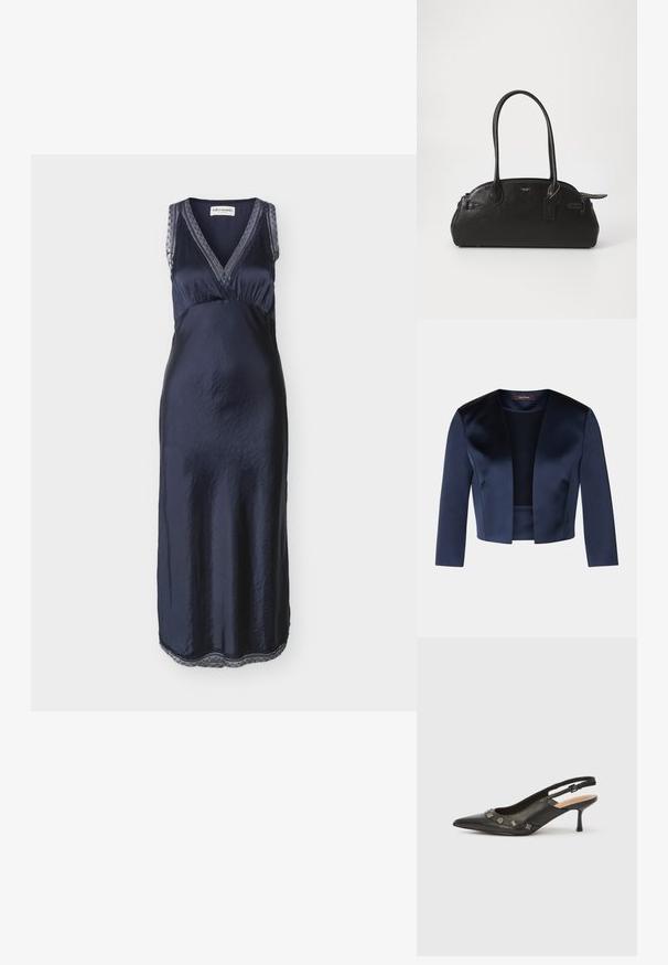 Veste courte bleu marine en satin lisse avec des manches trois-quarts et un design à ouverture frontale. Sans fermetures ni embellissements.; Robe nuisette sans manches bleu marine en satin avec décolleté en V et bordure en dentelle aux épaules et à l'ourlet.; Escarpin à bride arrière en cuir noir avec bout pointu, petit talon et accents métalliques décoratifs le long de l'ouverture avant. Texture lisse.; Sac à main en cuir noir de forme arrondie, avec deux longues poignées, des éléments en métal doré et une petite étiquette accrochée. Fermeture zippée sur le dessus.
