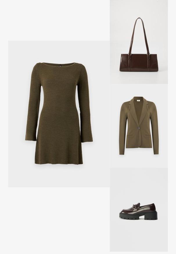 Blazer ajusté vert olive à manches longues, revers crantés, fermeture à simple bouton noir, et deux poches passepoilées à l'avant.; Robe en maille côtelée vert olive à manches longues, légèrement évasée au niveau de l’ourlet et avec un large col rond.; Mocassins en cuir verni bordeaux avec une semelle épaisse noire, présentant un détail de boucle en argent décoratif sur le dessus.; Sac à main en cuir verni marron de forme rectangulaire, avec deux longues poignées et des accents courbés subtils à l'avant.