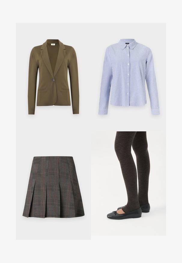 Blazer ajusté vert olive à manches longues, revers crantés, fermeture à simple bouton noir, et deux poches passepoilées à l'avant.; Chemise à manches longues boutonnée, avec des rayures verticales blanches et bleu clair et un col pointu, présentée sur un fond uni.; Jupe à carreaux gris avec des plis, ornée de motifs complexes en noir et blanc, accentuée par de fines lignes rouges. Fabriquée dans un tissu structuré.; Jambes portant des leggings côtelés foncés associés à des ballerines noires avec de petits détails en nœud sur fond blanc.