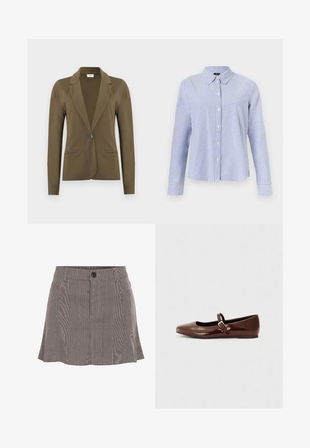 Blazer ajusté vert olive à manches longues, revers crantés, fermeture à simple bouton noir, et deux poches passepoilées à l'avant.; Chemise à manches longues boutonnée, avec des rayures verticales blanches et bleu clair et un col pointu, présentée sur un fond uni.; Jupe à carreaux noir et blanc, fabriquée en tissu léger, dotée d'une ceinture avec un bouton et d'un design plissé pour plus de détails.; Ballerine en cuir verni marron avec un bout carré et une lanière ornée d'une petite boucle dorée. Texture lisse, talon bas et design minimaliste.