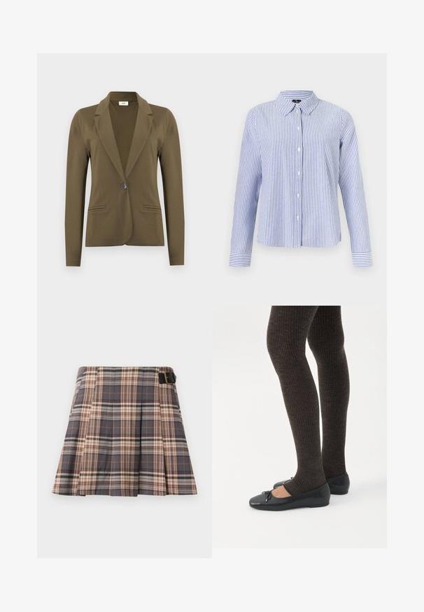 Blazer ajusté vert olive à manches longues, revers crantés, fermeture à simple bouton noir, et deux poches passepoilées à l'avant.; Chemise à manches longues boutonnée, avec des rayures verticales blanches et bleu clair et un col pointu, présentée sur un fond uni.; Jupe à carreaux gris, beige et rouille ; présente des plis, un détail de boucle et une conception structurée. Fabriquée en tissu tissé.; Jambes portant des leggings côtelés foncés associés à des ballerines noires avec de petits détails en nœud sur fond blanc.