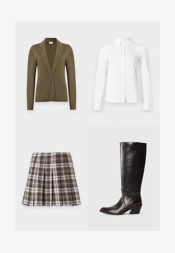 Blazer ajusté vert olive à manches longues, revers crantés, fermeture à simple bouton noir, et deux poches passepoilées à l'avant.; Chemise blanche à manches longues avec boutons, col pointu, ourlet droit et silhouette ajustée, présentée sur un fond clair uni.; Jupe plissée à carreaux bruns et blancs avec un design structuré et une texture nette, présentant une taille haute et de multiples plis verticaux.; Botte en cuir brun foncé, à hauteur de genou, avec un bout pointu, un talon bloc angulaire et une texture lisse et brillante. Présente un design épuré et des détails de couture.