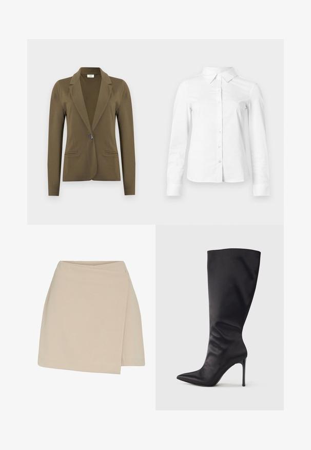 Blazer ajusté vert olive à manches longues, revers crantés, fermeture à simple bouton noir, et deux poches passepoilées à l'avant.; Chemise blanche à manches longues avec boutons, col pointu, ourlet droit et silhouette ajustée, présentée sur un fond clair uni.; Mini-jupe beige style portefeuille avec une texture lisse et un ourlet légèrement asymétrique, conçue pour une tenue décontractée ou formelle.; Botte noire haute jusqu'aux genoux en cuir verni lisse et élégant ; bout pointu ; ajustée avec un léger froncé près de la cheville ; talon brillant.