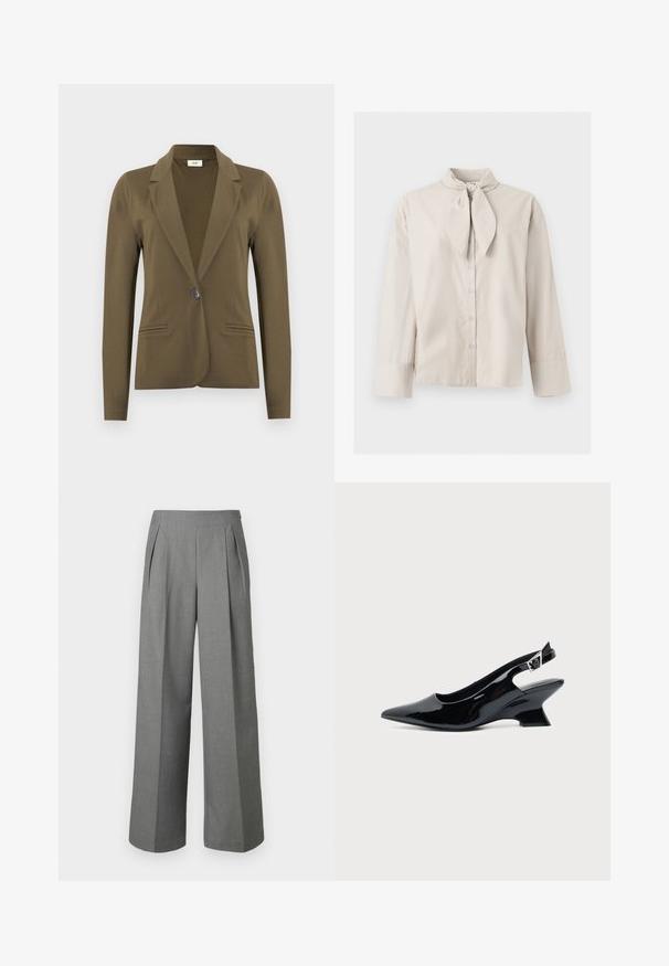 Blazer ajusté vert olive à manches longues, revers crantés, fermeture à simple bouton noir, et deux poches passepoilées à l'avant.; Blouse beige à manches longues avec boutons, détail noué au niveau du col et larges poignets aux manches, présentée sur un fond clair uni.; Pantalon gris taille haute à jambes larges avec plis devant et fermeture éclair latérale, en tissu texturé.; Chaussure slingback en cuir verni noir avec bout pointu et petit talon bloc incliné sur fond clair uni.