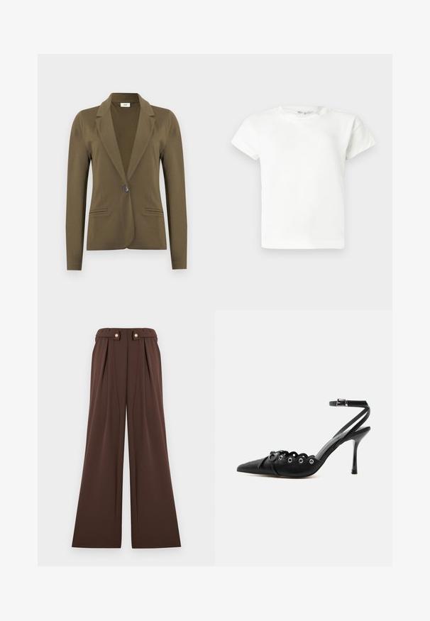 Blazer ajusté vert olive à manches longues, revers crantés, fermeture à simple bouton noir, et deux poches passepoilées à l'avant.; T-shirt blanc uni à manches courtes et col rond, avec un ourlet droit, présenté sur un fond gris clair.; Pantalon large marron taille haute, avec des plis et deux boutons dorés sur le devant pour plus de détails.; Chaussure à talon haut noire à bout pointu, bords festonnés, œillets métalliques, lacets à l'avant et bride de cheville avec fermeture à boucle.