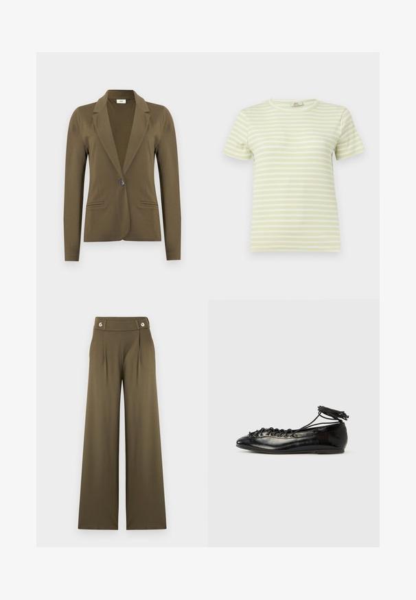 Blazer ajusté vert olive à manches longues, revers crantés, fermeture à simple bouton noir, et deux poches passepoilées à l'avant.; T-shirt côtelé à manches courtes à rayures horizontales vert clair et blanc avec un col rond sur un fond uni.; Pantalon taille haute, jambes larges, couleur vert olive, avec deux plis à l'avant et détails de boutons sur la ceinture.; Ballerines en cuir verni noir avec un bout rond, un design à lacets et une semelle plate. Texture lisse avec peu de détails.
