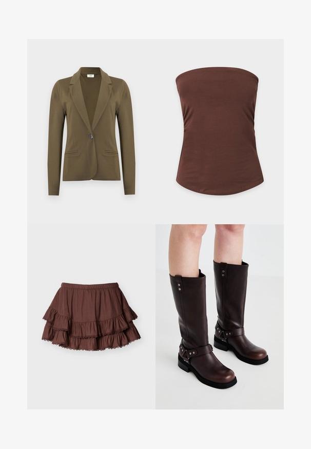 Blazer ajusté vert olive à manches longues, revers crantés, fermeture à simple bouton noir, et deux poches passepoilées à l'avant.; Top bandeau marron en tissu lisse avec une coupe ajustée sur un fond uni gris clair.; Mini-jupe marron à volants superposés avec une ceinture élastique et des volants bordés de dentelle sur un fond clair uni.; Bottines en cuir marron jusqu'aux genoux avec une texture lisse, dotées d'une large sangle et d'accents en métal triangulaires, semelles en caoutchouc plates.