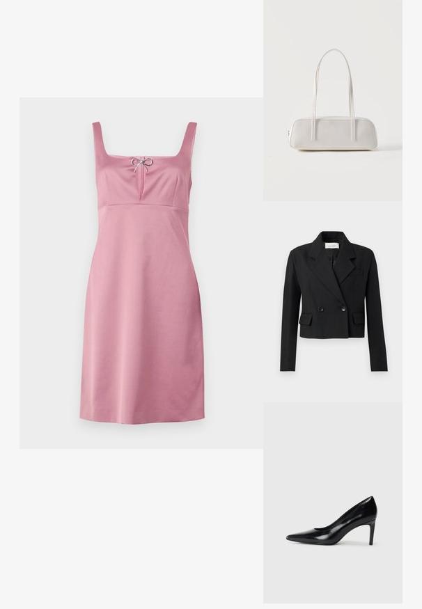 Blazer negro ajustado con solapa de muesca, cierre de botones de dos filas, dos bolsillos frontales y tejido texturizado.; Vestido sin mangas de color rosa claro con escote cuadrado, que presenta un pequeño lazo decorativo y un corsé ajustado que fluye hacia una falda recta.; Zapato de tacón alto de cuero negro con punta afilada, textura suave y tacón en forma de cono. Diseño minimalista, sin adornos adicionales.; Bolso de hombro rectangular blanco con correas largas y delgadas, costuras mínimas y cierre de cremallera sobre un fondo liso.