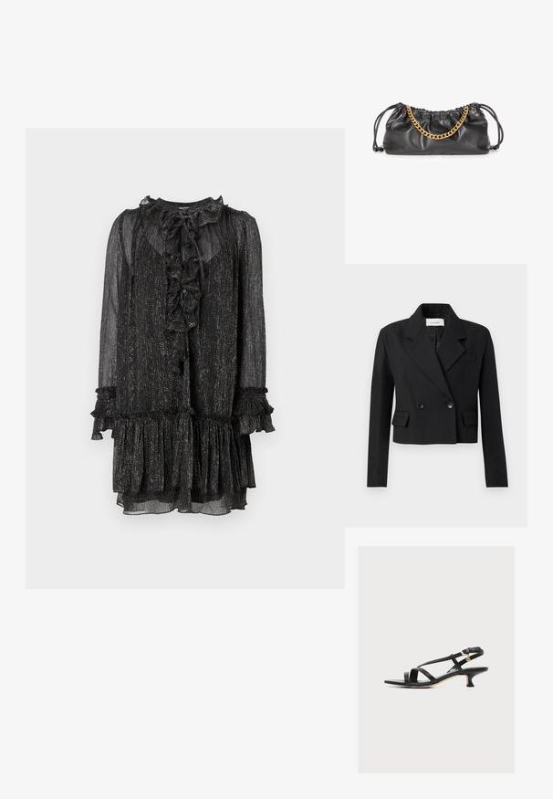 Geknipt zwart blazer met een gegroefde revers, dubbelknopensluiting, twee voorzakken en een textielstructuur.; Zwarte, doorschijnende jurk met gerimpelde halslijn en mouwen, textuurstof met metalen draden en gelaagde, uitlopende zoom.; Zwarte leren damessandaal met dunne gekruiste bandjes, lage kittenhak en een kleine gouden gesp aan het enkelbandje.; Zwarte leren handtas met een geplooid ontwerp, trekkoordsluiting en een gouden kettinghengsel als accent. Gladde textuur met een zachte, gebogen vorm.