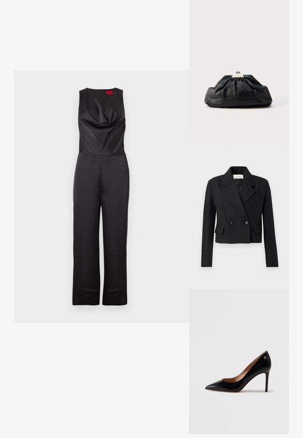 Beskarvet sort blazer med slagkrave, dobbeltradet knaplukning, to frontlommer og struktureret stof.; Sort jumpsuit med ærmeløs design, draperet halsudskæring og lynlås lukning bagpå. Fremstillet af glat stof med et skræddersyet fit og brede ben.; Sorte patentlæder højhælede pumps med spids tå, en slank stiletto hæl og et lille guld dekorativt logo nær hælen.; Sort læderclutch med en samlet tekstur, metal lukning og diskret præget logo på forsiden. Rundet form.