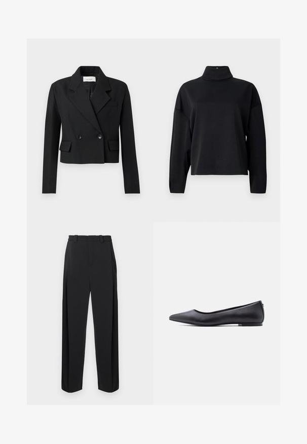 Gekürzter schwarzer Blazer mit Schößchen, doppelt geknöpftemverschluss, zwei vorderen Taschen und strukturiertem Stoff.; Schwarzes Langarmoberteil mit hohem Stehkragen, lockerer Passform, weichem Material und abgesenkten Schulternähten. Keine sichtbaren Muster oder Verzierungen.; Schwarze Hose mit hohem Bund, vorgefaltet und geraden Beinen. Hergestellt aus glattem Stoff, mit Gürtelschlaufen und Seitentaschen.; Schwarzer flacher Lederschuh mit spitzer Kappe und niedrigem Absatz, seitlich vor weißem Hintergrund gezeigt.