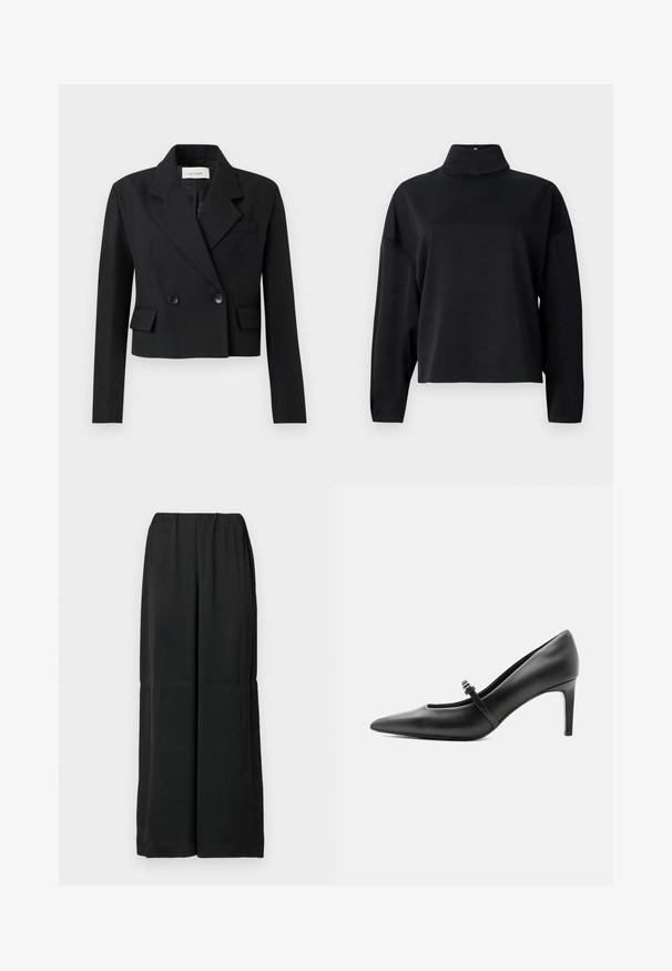 Blazer negro ajustado con solapa de muesca, cierre de botones de dos filas, dos bolsillos frontales y tejido texturizado.; Top negro de manga larga con cuello alto simulado, corte relajado, textura suave y costuras de hombro caídas. Sin patrones o adornos visibles.; Pantalones negros de pierna ancha hechos de tela suave, con una cintura elástica y un diseño limpio y minimalista. Sin bolsillos ni adornos.; Zapato de tacón alto de cuero negro con punta puntiaguda, con tira fina y hebilla sobre el empeine, sobre fondo claro y neutro.