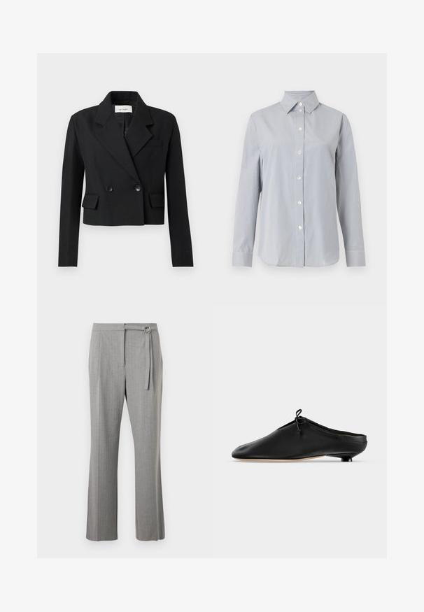 Blazer negro ajustado con solapa de muesca, cierre de botones de dos filas, dos bolsillos frontales y tejido texturizado.; Camisa de manga larga gris claro con delgadas rayas verticales blancas, cierre de botones en la parte delantera, cuello puntiagudo y puños a juego sobre fondo liso.; Pantalones grises a medida con corte recto, parte frontal lisa y cinturón de tela con hebilla en forma de anilla D plateada en la cintura.; Mule negro de cuero sin cierre, con un pequeño tacón redondeado y un detalle de lazo atado cerca del borde superior, mostrado de perfil.