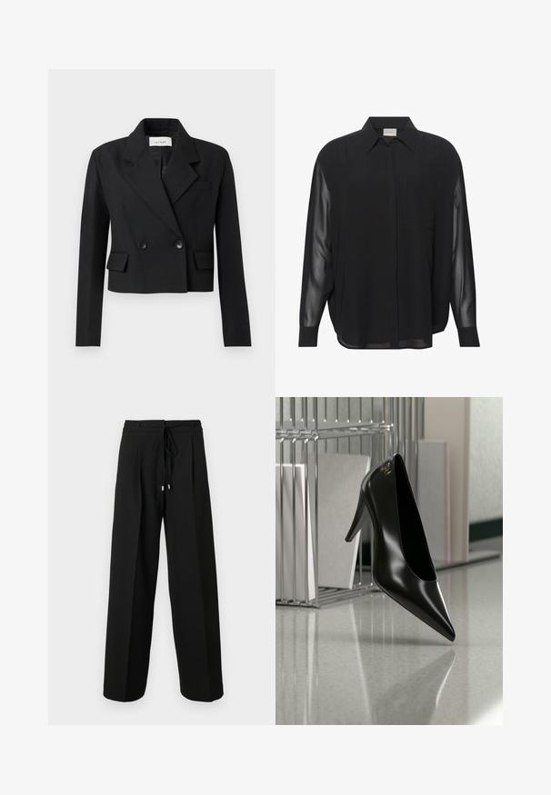 Blazer negro ajustado con solapa de muesca, cierre de botones de dos filas, dos bolsillos frontales y tejido texturizado.; Camisa negra abotonada hecha de tela suave con mangas largas transparentes, un único bolsillo en el pecho y un cuello clásico.; Pantalones negros de pierna ancha con cintura ajustable mediante cordón, con pliegues y textura suave. El diseño destaca la comodidad y un ajuste holgado.; Zapato de tacón alto negro con punta afilada y logo dorado, colocado sobre una superficie reflectante cerca de un organizador de archivos de alambre cromado con documentos.