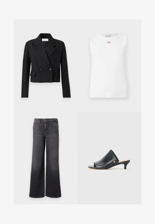 Beskarvet sort blazer med slagkrave, dobbeltradet knaplukning, to frontlommer og struktureret stof.; Hvid ærmeløs top med ribstruktur og et lille rødt og sort Calvin Klein-logo centreret under halsudskæringen.; Bredde ben mørkegrå denimjeans med en subtil falmning, der har knaplukning, fem lommer og en lige kant ved anklen.; Sorte læder open-toe mules med en lav hæl. Har en glat overflade og et guld logo-prim på siden.