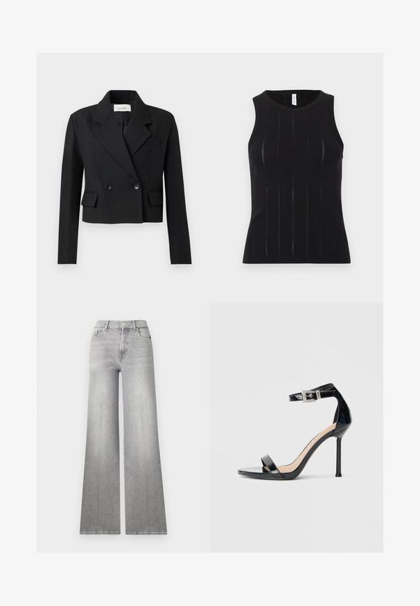 Gekürzter schwarzer Blazer mit Schößchen, doppelt geknöpftemverschluss, zwei vorderen Taschen und strukturiertem Stoff.; Schwarzes ärmelloses Top mit gerippter Textur und vertikalen Linien sowie dezenten Ausschnitten. Abgerundeter Ausschnitt und figurbetontes Design.; Weite graue Denim-Jeans mit einem verwaschenen Finish, Vordertasche und Knopfverschluss. Sie verfügen über ein gerades Bein und einen klassischen Saum.; Schwarzer Riemchensandale aus Lackleder mit hohem Absatz und Knöchelriemen. Verfügt über ein minimalistisches Design, offene Zehenpartie und eine Schnalle mit Strassakzenten.